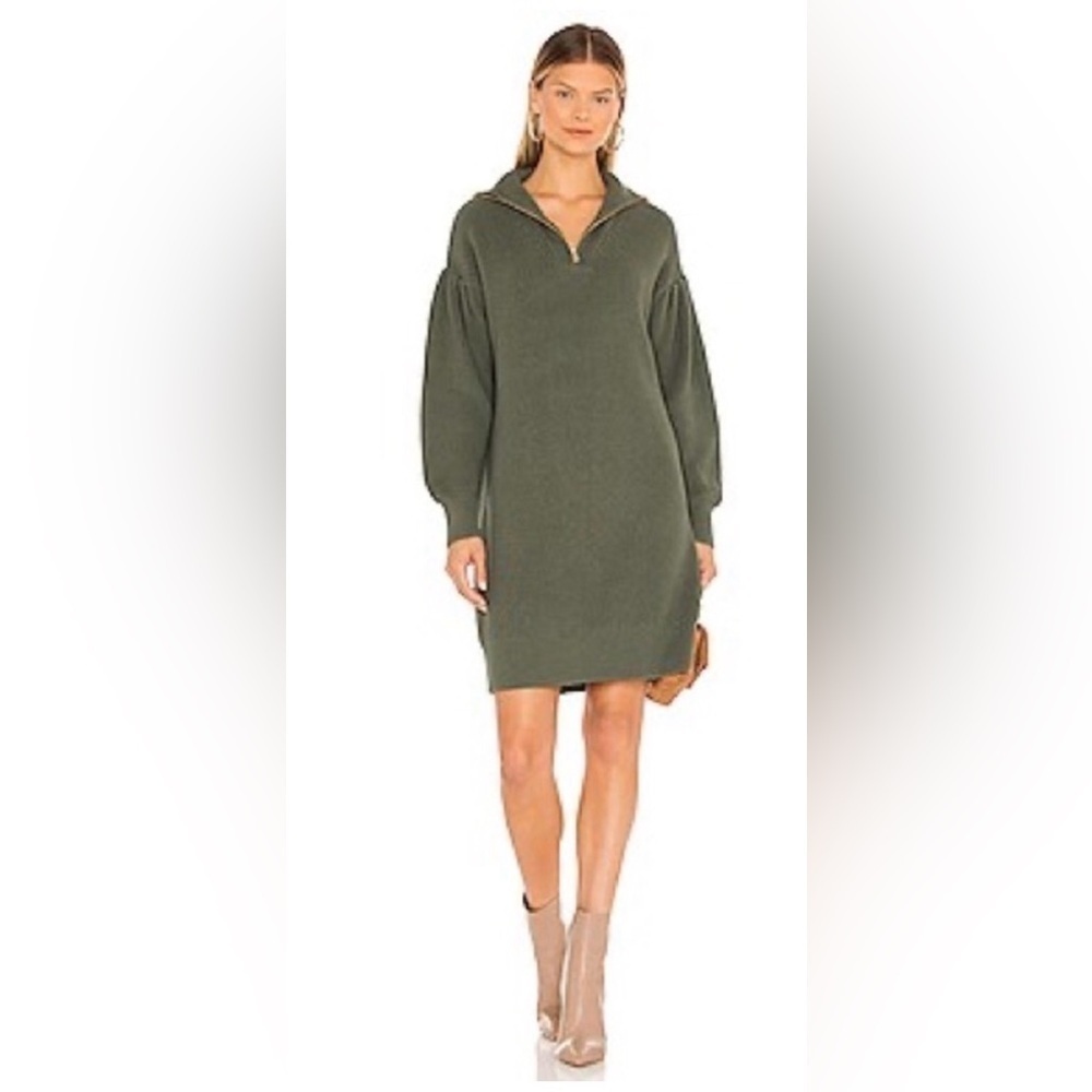 525 AMERICA | Pleat Sleeve Quarter Zip Sweater Dress Olive 
Green - Small